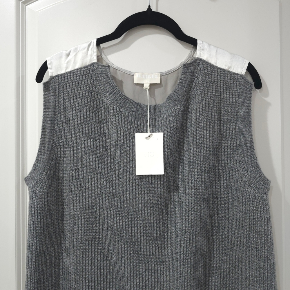 CLU Mixed Media Gray Silver Sleeveless Lambswool Knit Top with 100% Silk Details - Picture 2 of 14